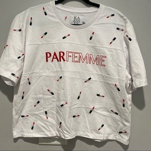 Zoe Karssen Parfemme White Short Sleeve Lipstick All Over Shirt Size Large